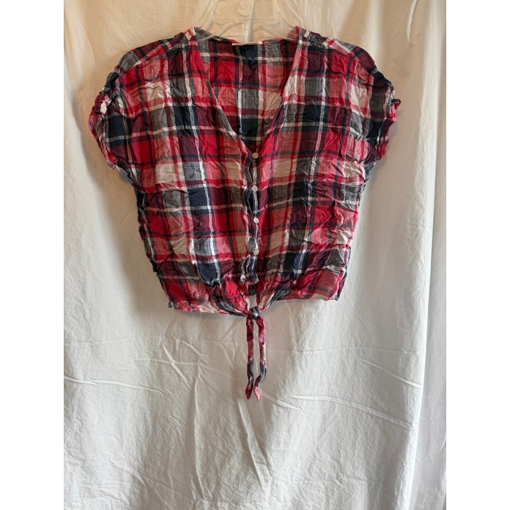 Universal Thread Red Plaid Front Tie Button Up Crop Top Women Small Short Sleeve